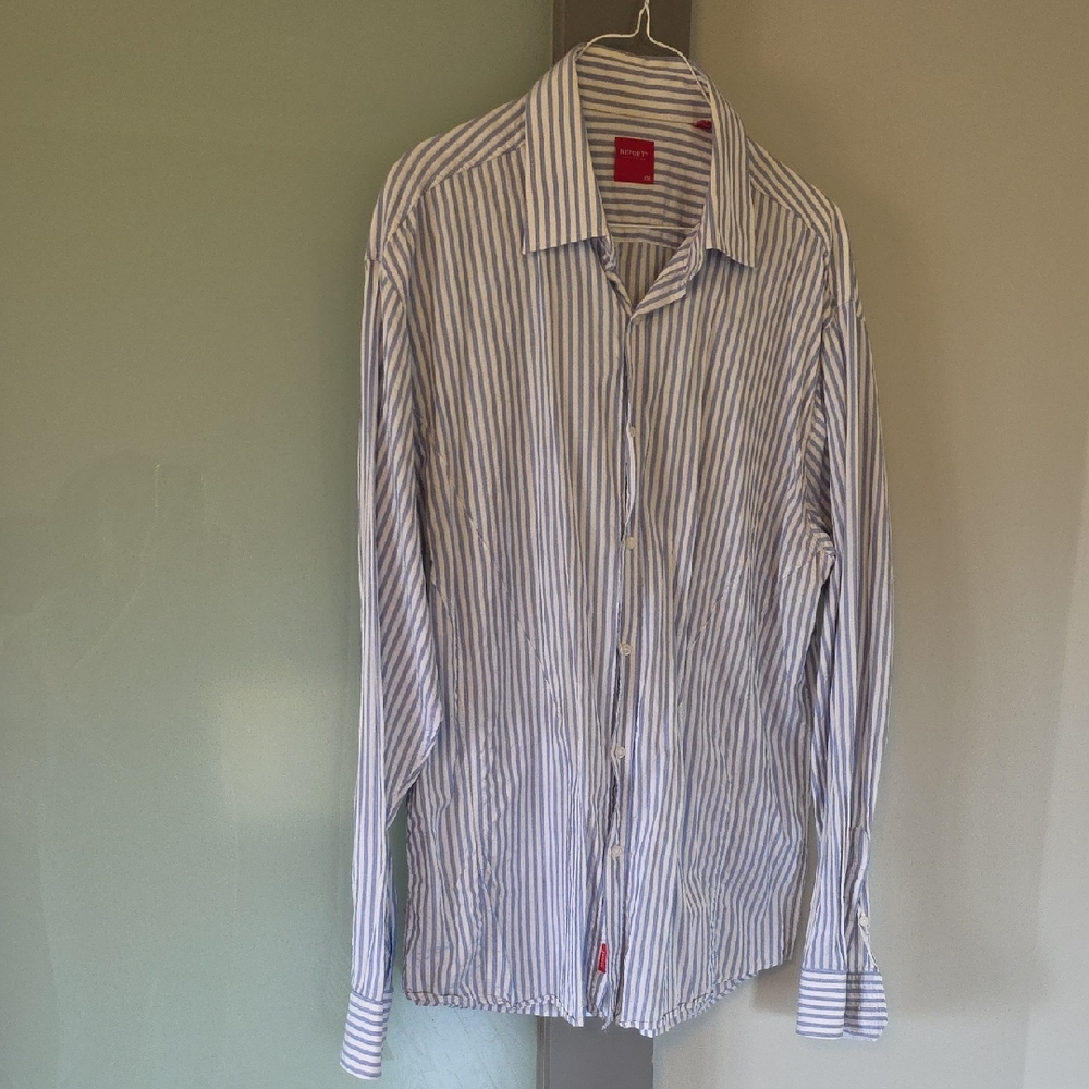 Report Men's Blue and White Striped Dress Shirt